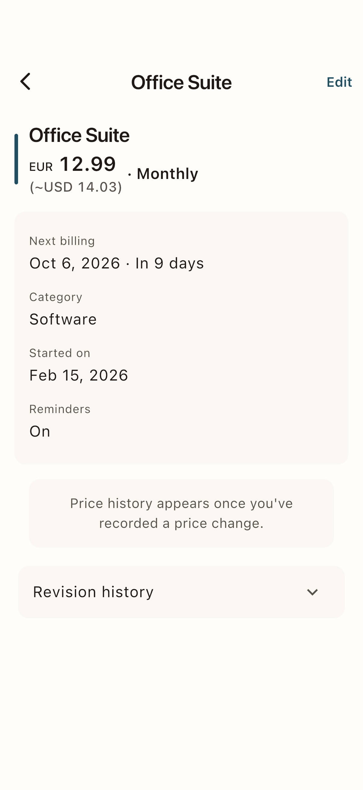 Office Suite in Drip Meter: the original EUR charge, its approximate USD value, billing cycle, next renewal, and reminder settings.
